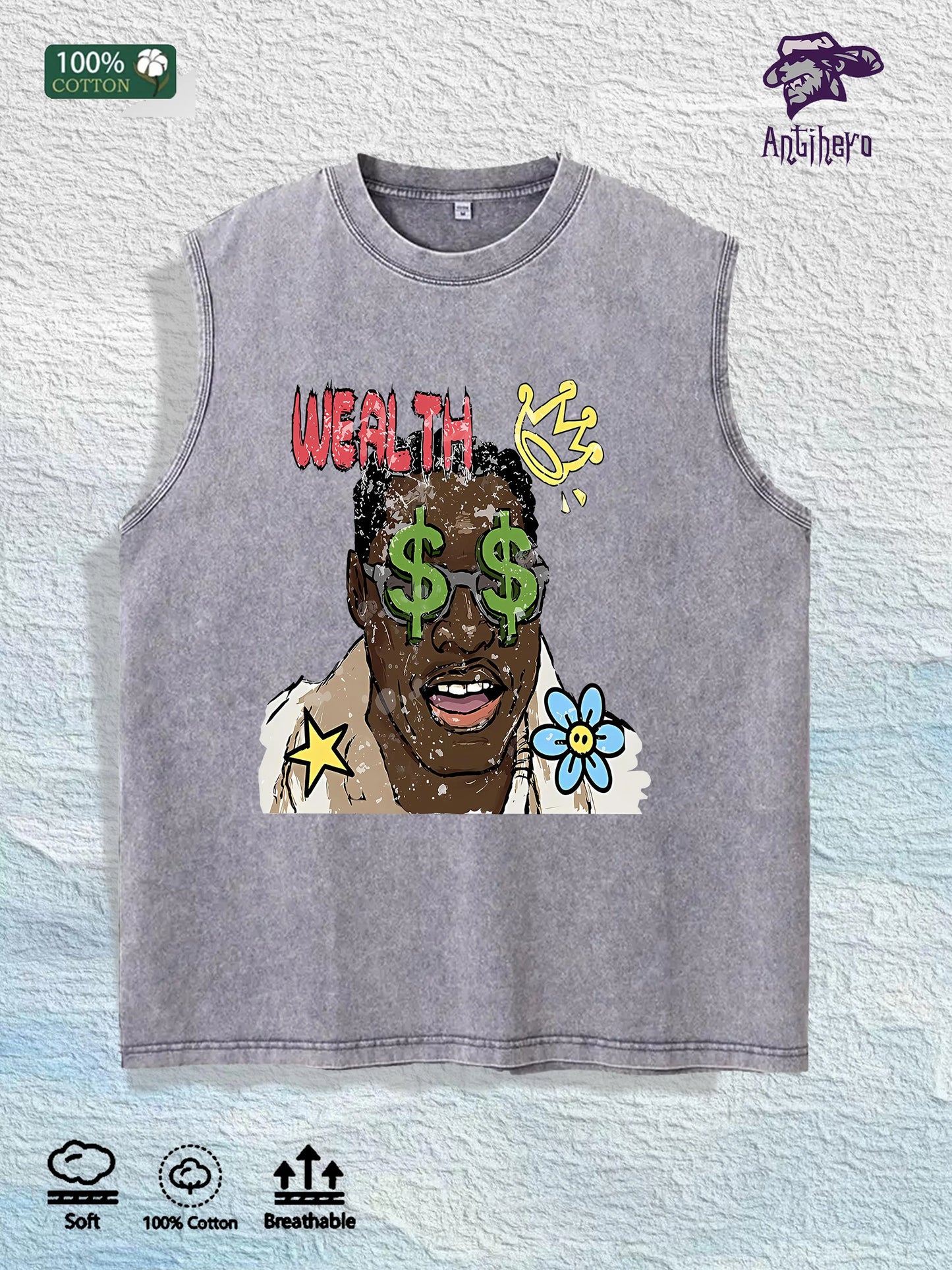 WEALTH Graphic Washed Vest US Warehouse 3 Colors Cotton Tank