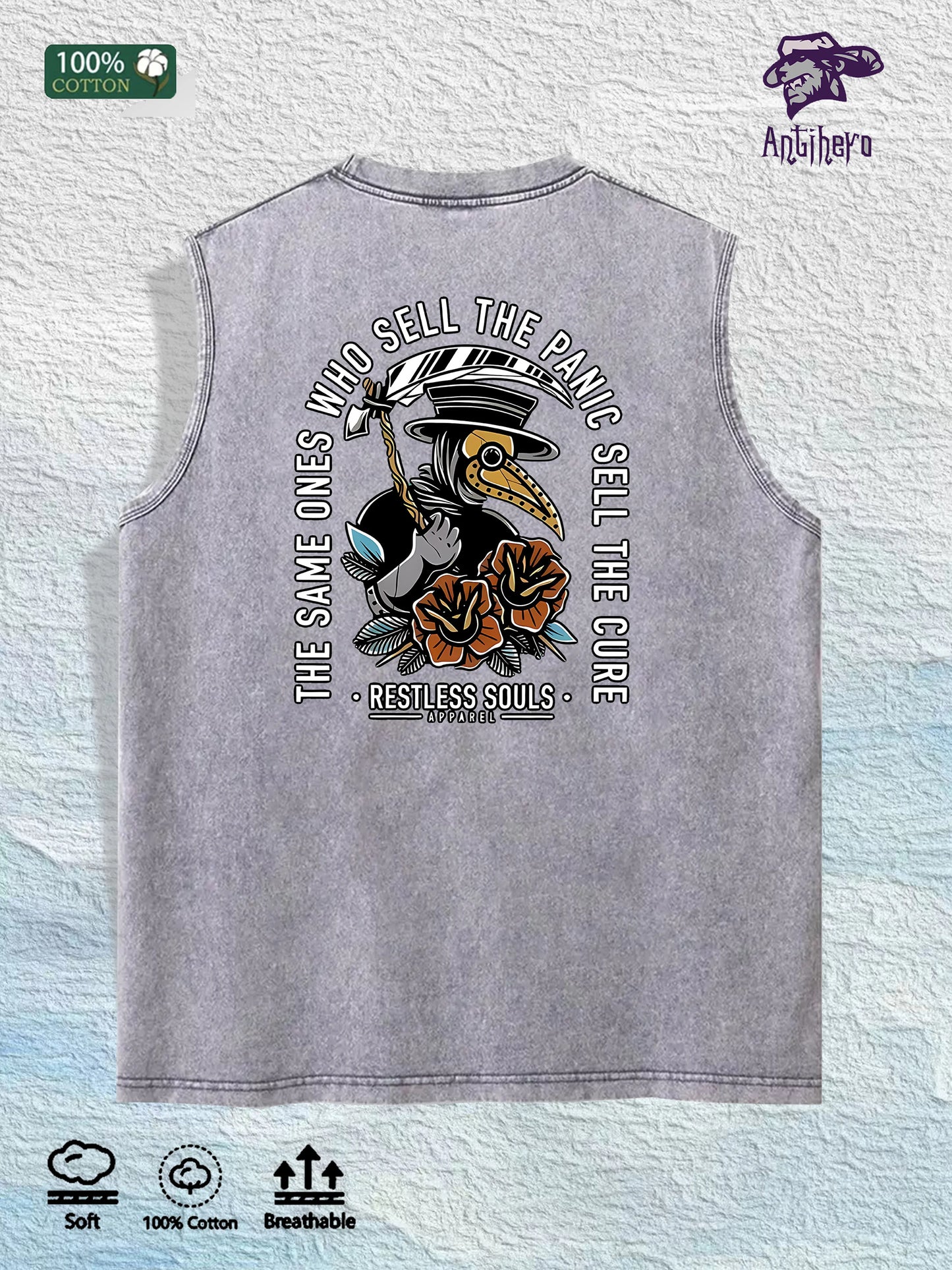 Restless Souls Graphic Washed Vest US Warehouse 3 Colors Cotton Tank