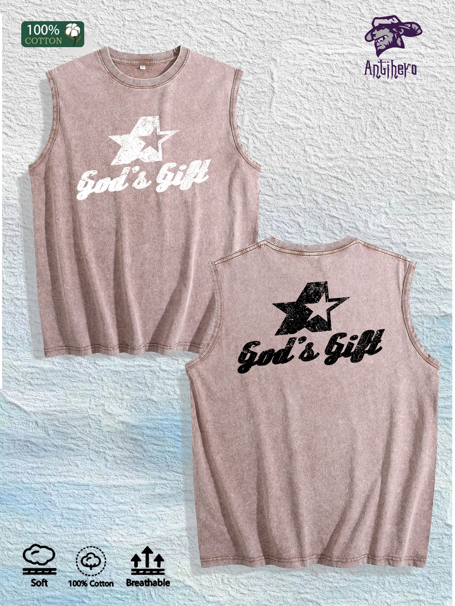 God s Gift Graphic Washed Vest US Warehouse 3 Colors Cotton Tank