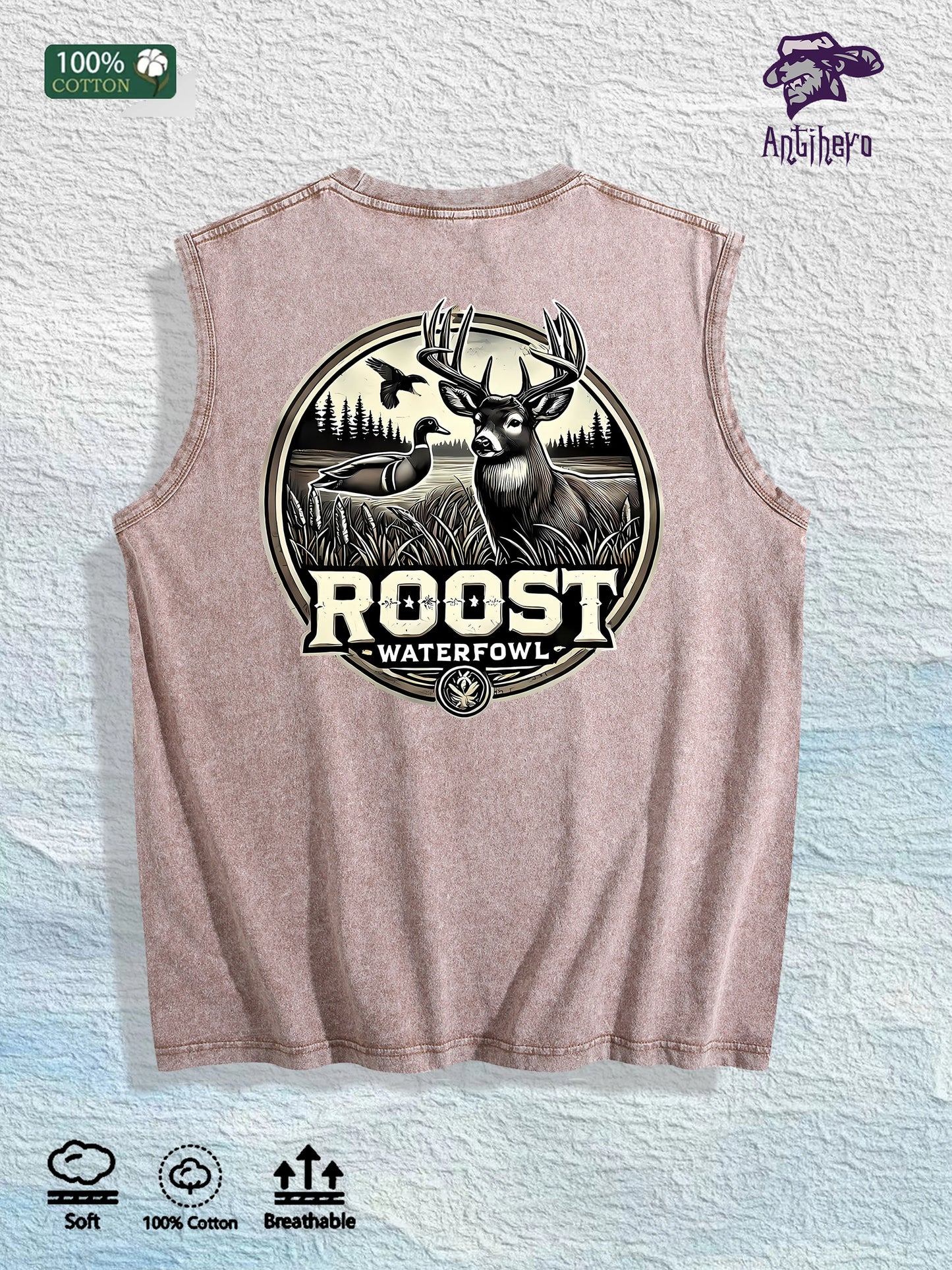 ROOST Waterfowl Deer Graphic Washed Vest US Warehouse 3 Colors Cotton Tank