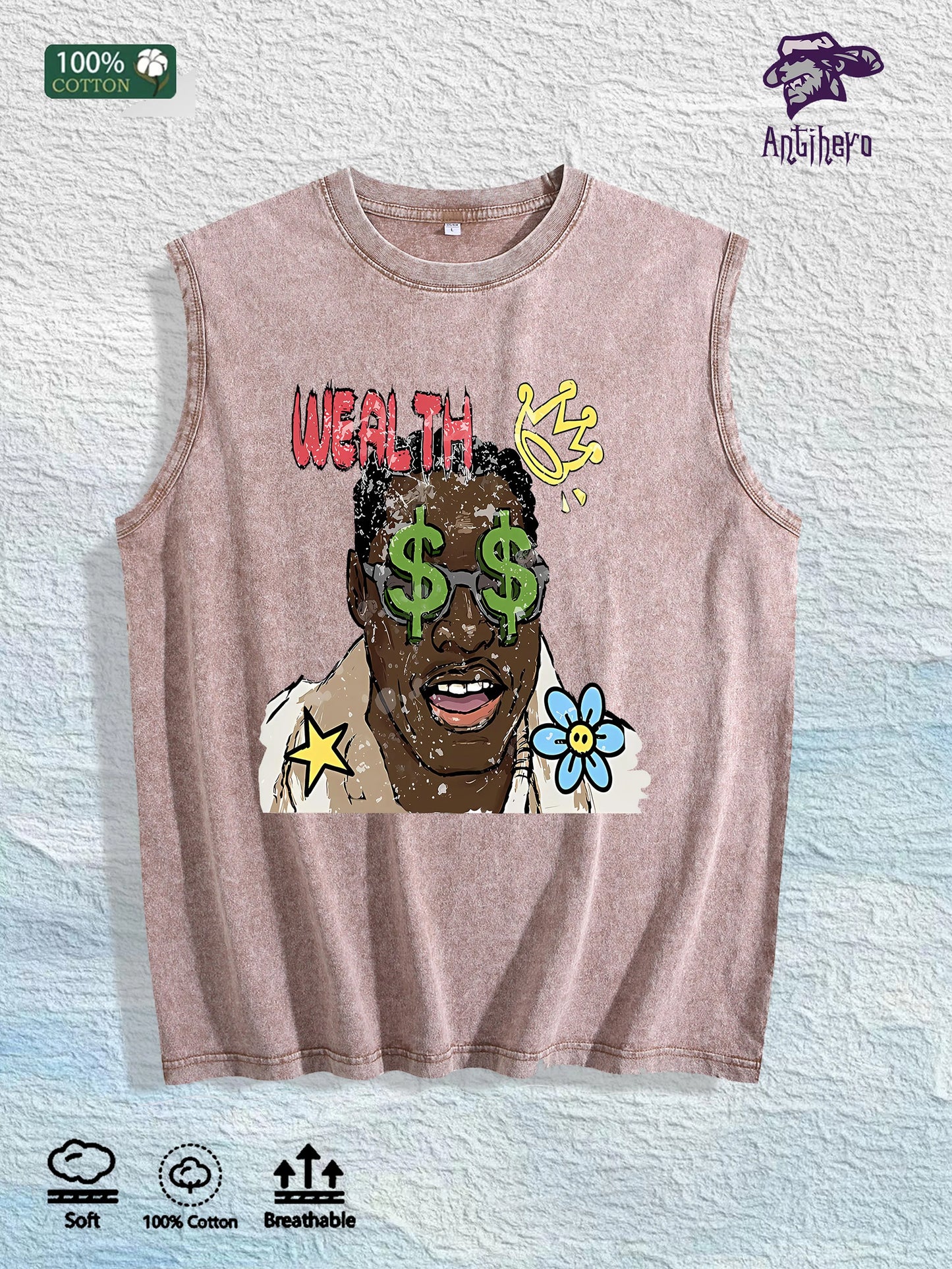 WEALTH Graphic Washed Vest US Warehouse 3 Colors Cotton Tank