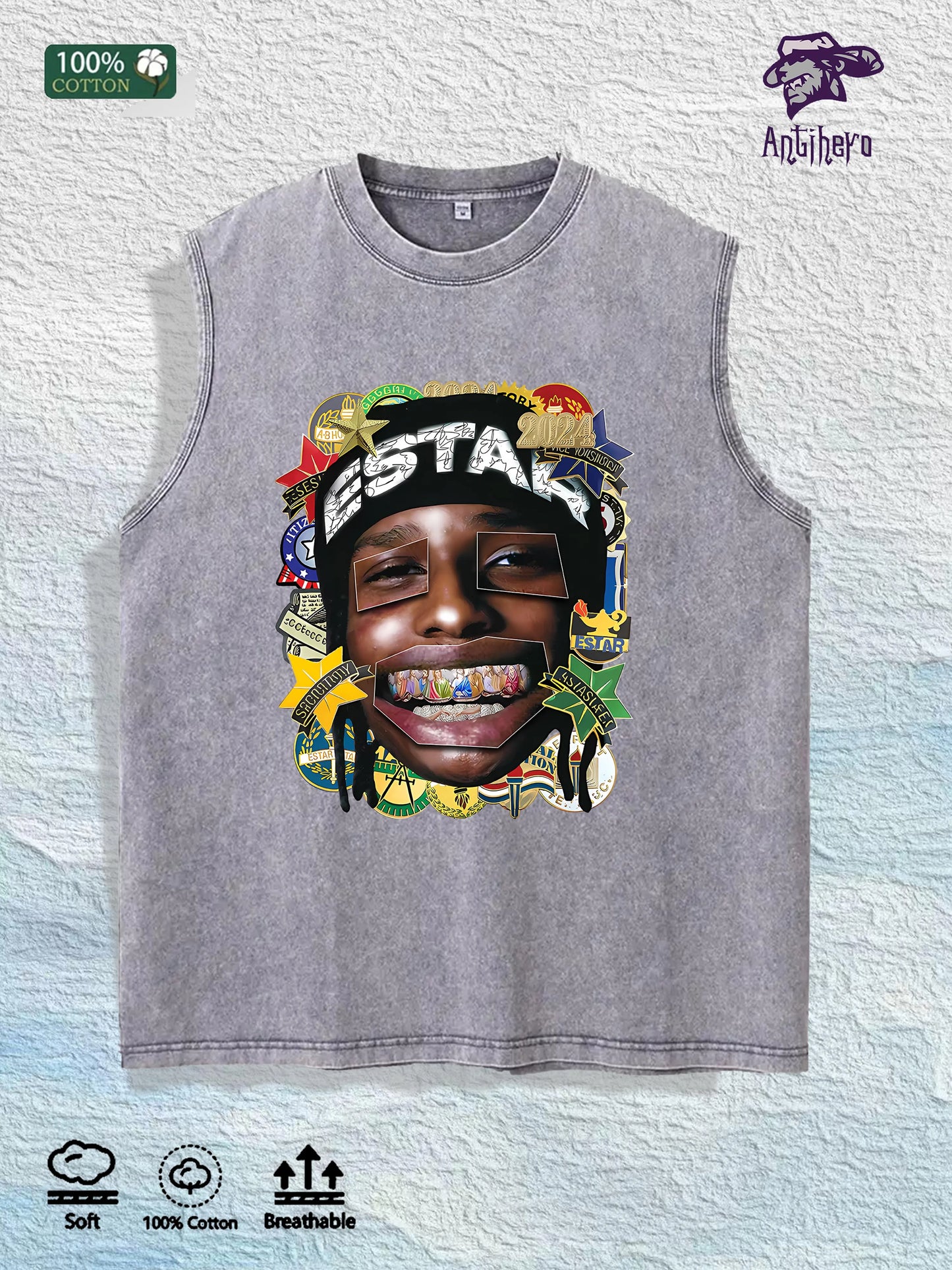 ESTAR 2024 Graphic Washed Vest US Warehouse 3 Colors Cotton Tank