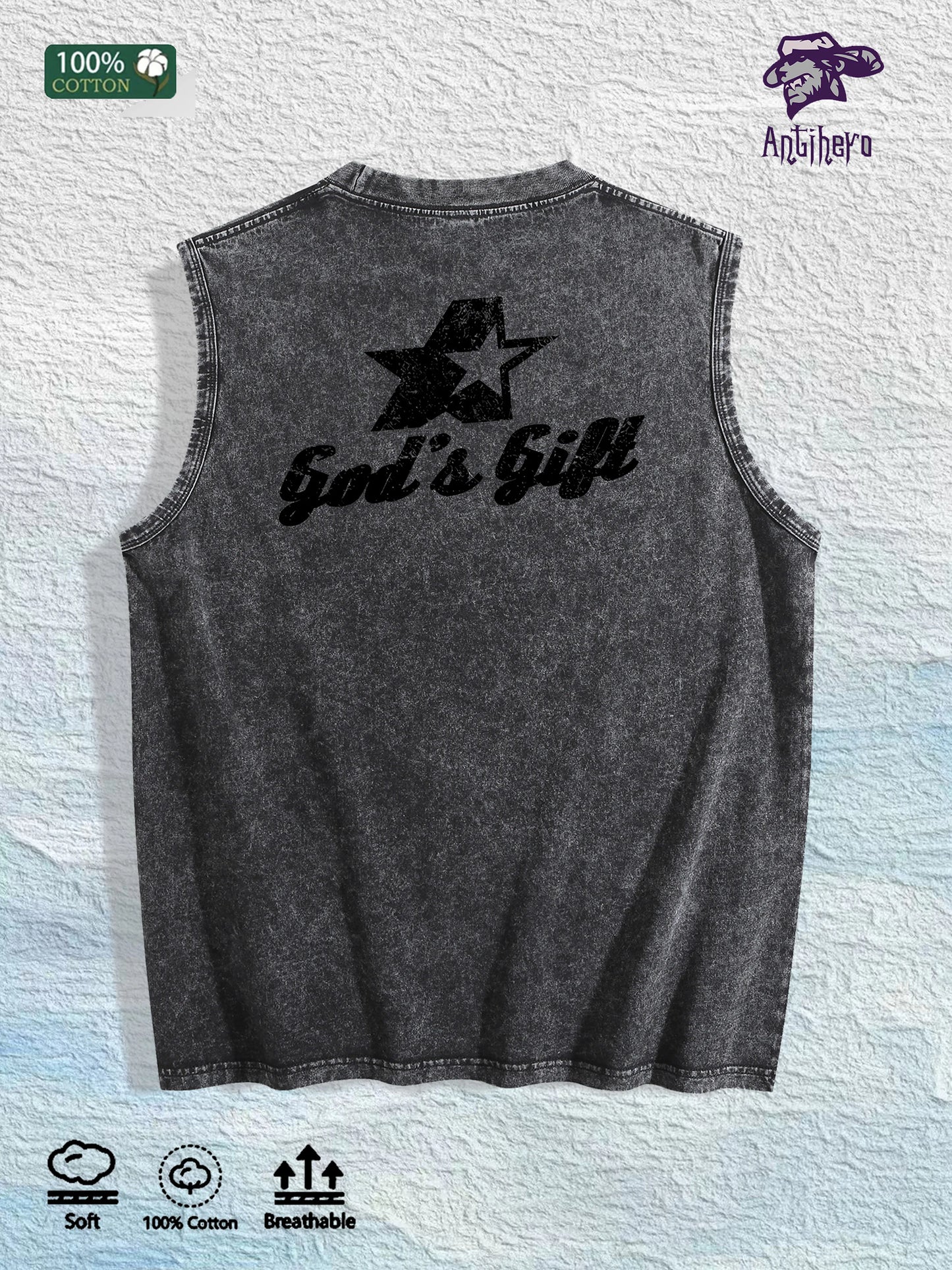 God s Gift Graphic Washed Vest US Warehouse 3 Colors Cotton Tank