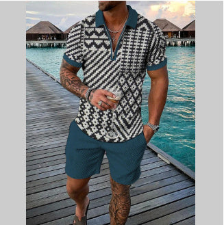 Men's Summer Fashion 3D Printed Short Sleeve Geometric Zip Lapel Shirt Set