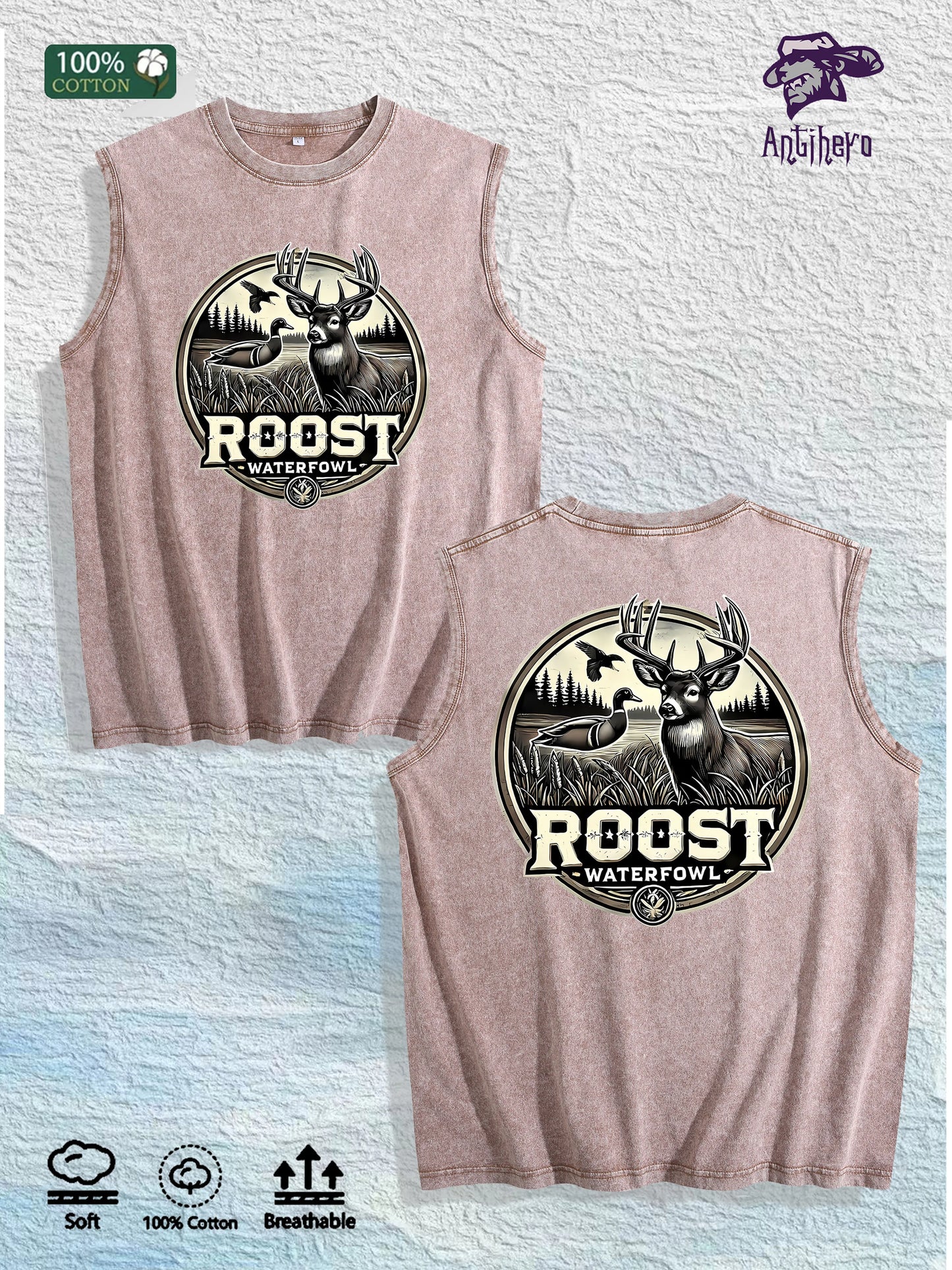 ROOST Waterfowl Deer Graphic Washed Vest US Warehouse 3 Colors Cotton Tank