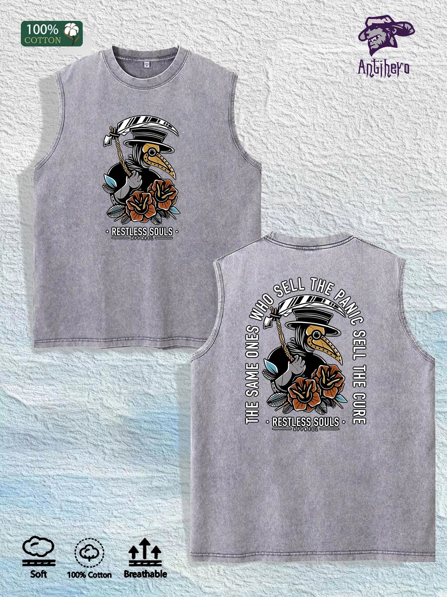 Restless Souls Graphic Washed Vest US Warehouse 3 Colors Cotton Tank