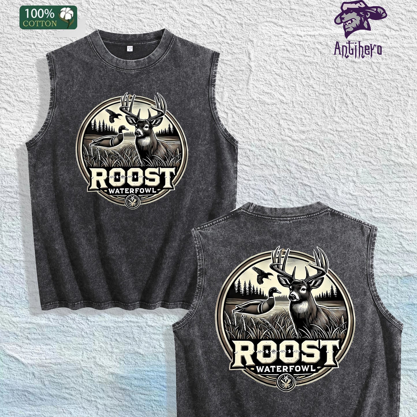ROOST Waterfowl Deer Graphic Washed Vest US Warehouse 3 Colors Cotton Tank