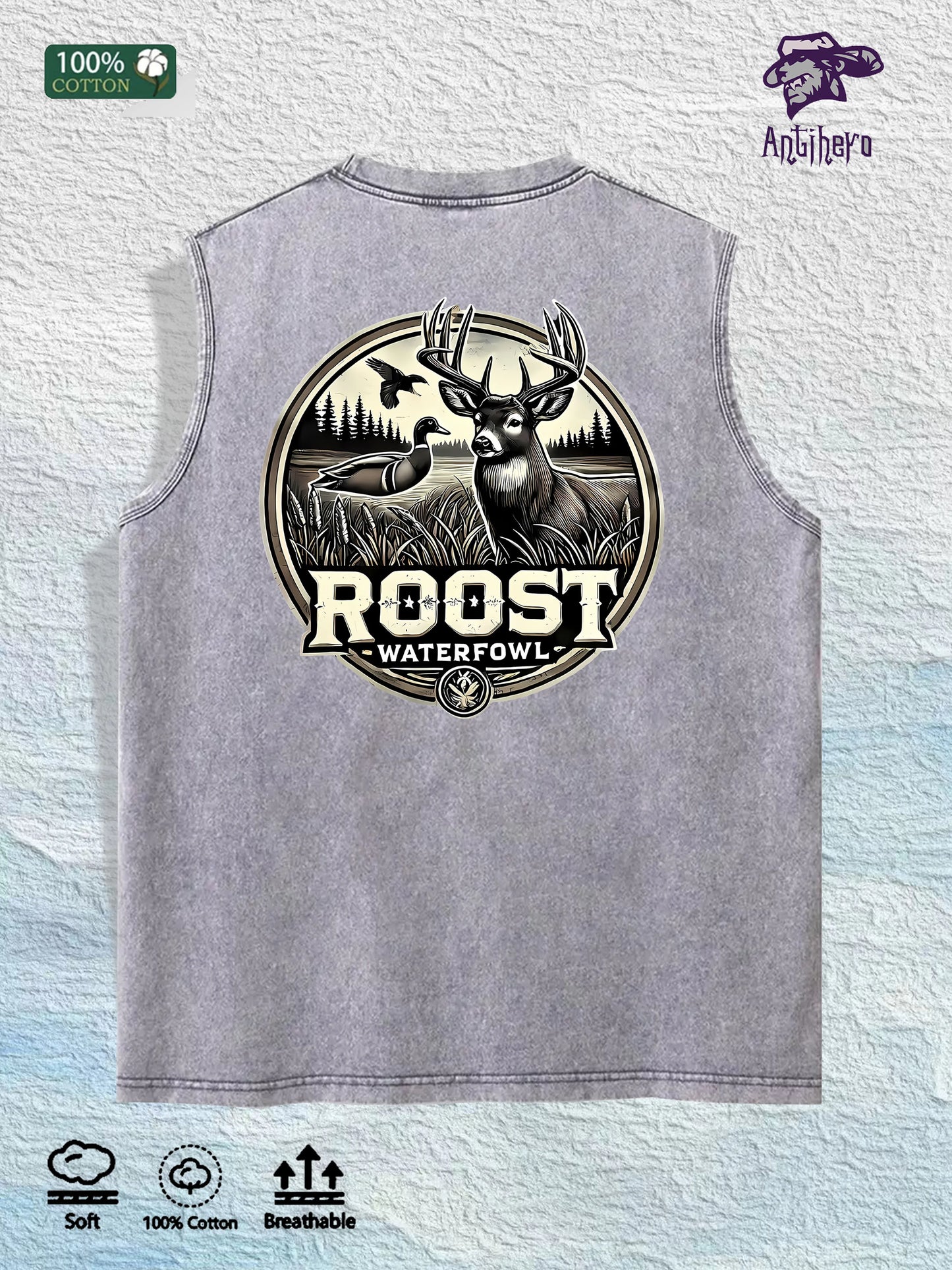 ROOST Waterfowl Deer Graphic Washed Vest US Warehouse 3 Colors Cotton Tank