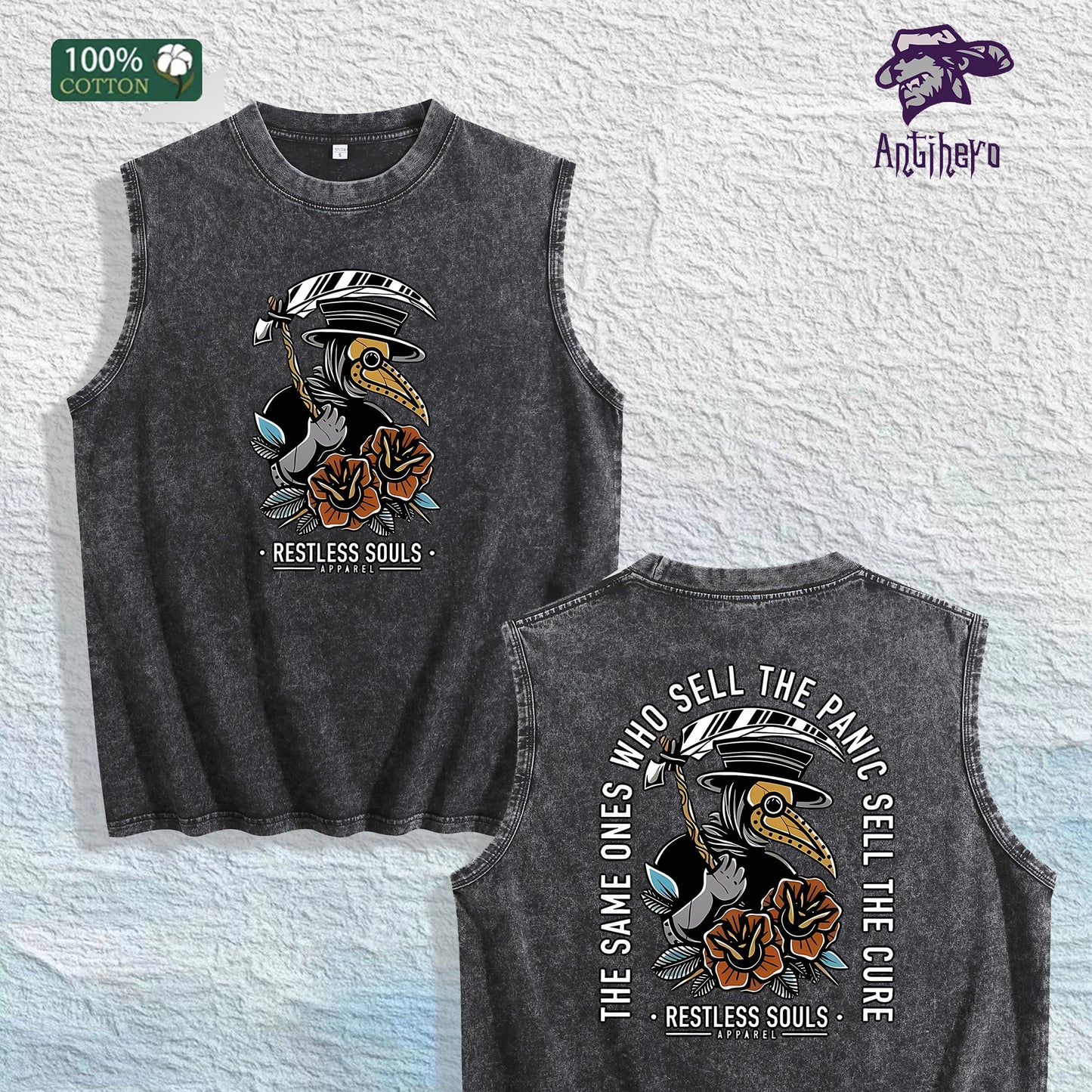 Restless Souls Graphic Washed Vest US Warehouse 3 Colors Cotton Tank
