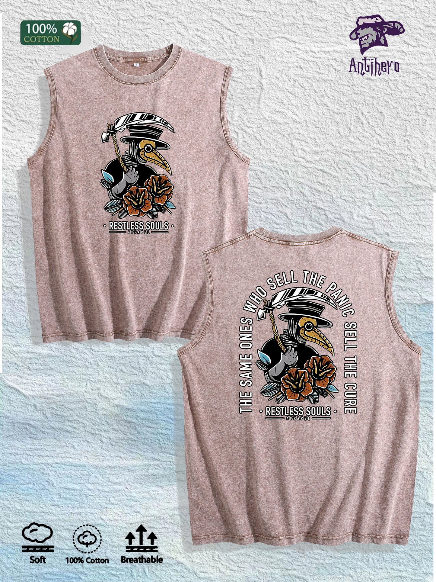 Restless Souls Graphic Washed Vest US Warehouse 3 Colors Cotton Tank