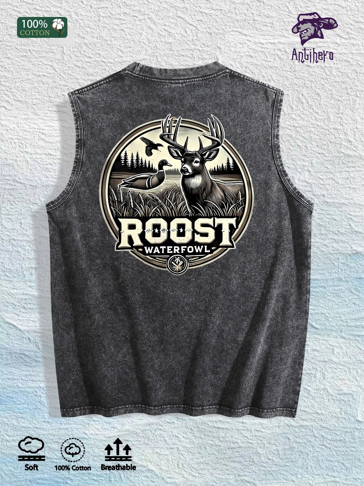 ROOST Waterfowl Deer Graphic Washed Vest US Warehouse 3 Colors Cotton Tank