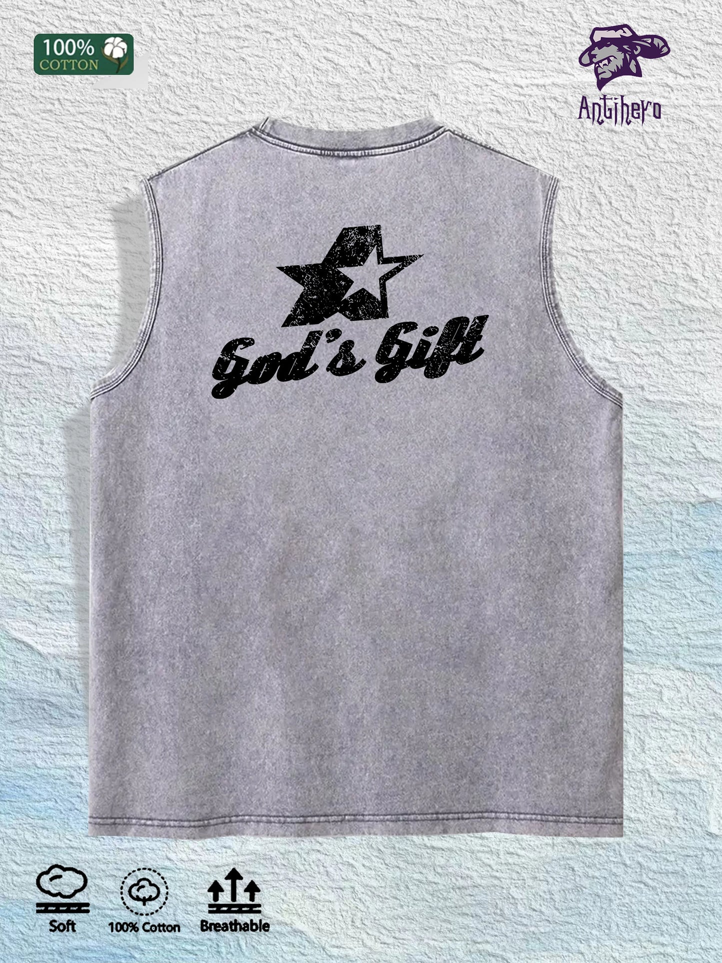 God s Gift Graphic Washed Vest US Warehouse 3 Colors Cotton Tank