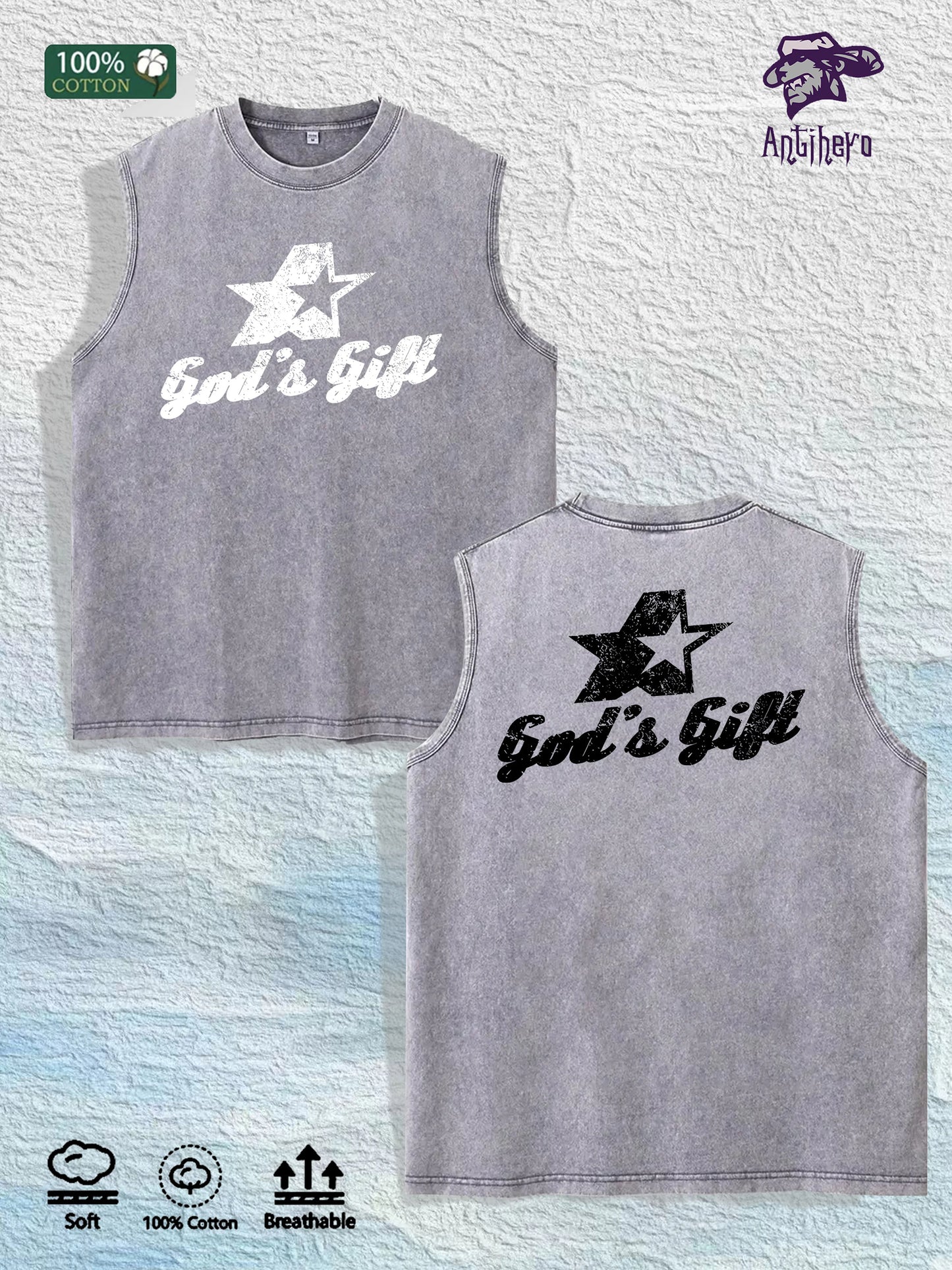 God s Gift Graphic Washed Vest US Warehouse 3 Colors Cotton Tank