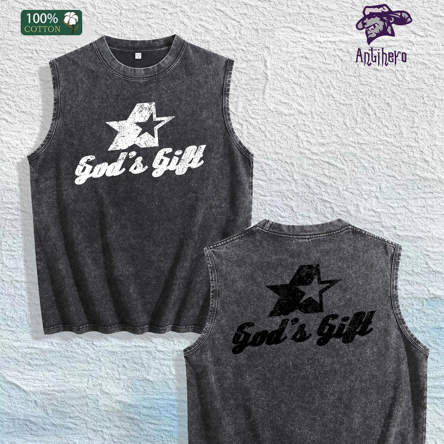 God s Gift Graphic Washed Vest US Warehouse 3 Colors Cotton Tank