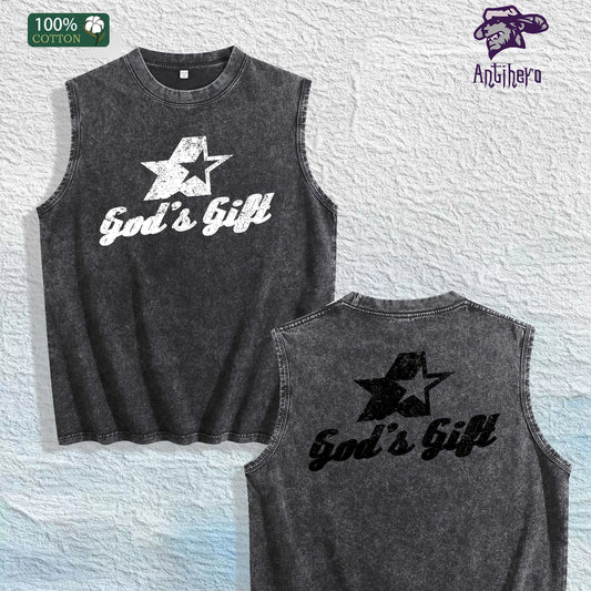 God s Gift Graphic Washed Vest US Warehouse 3 Colors Cotton Tank