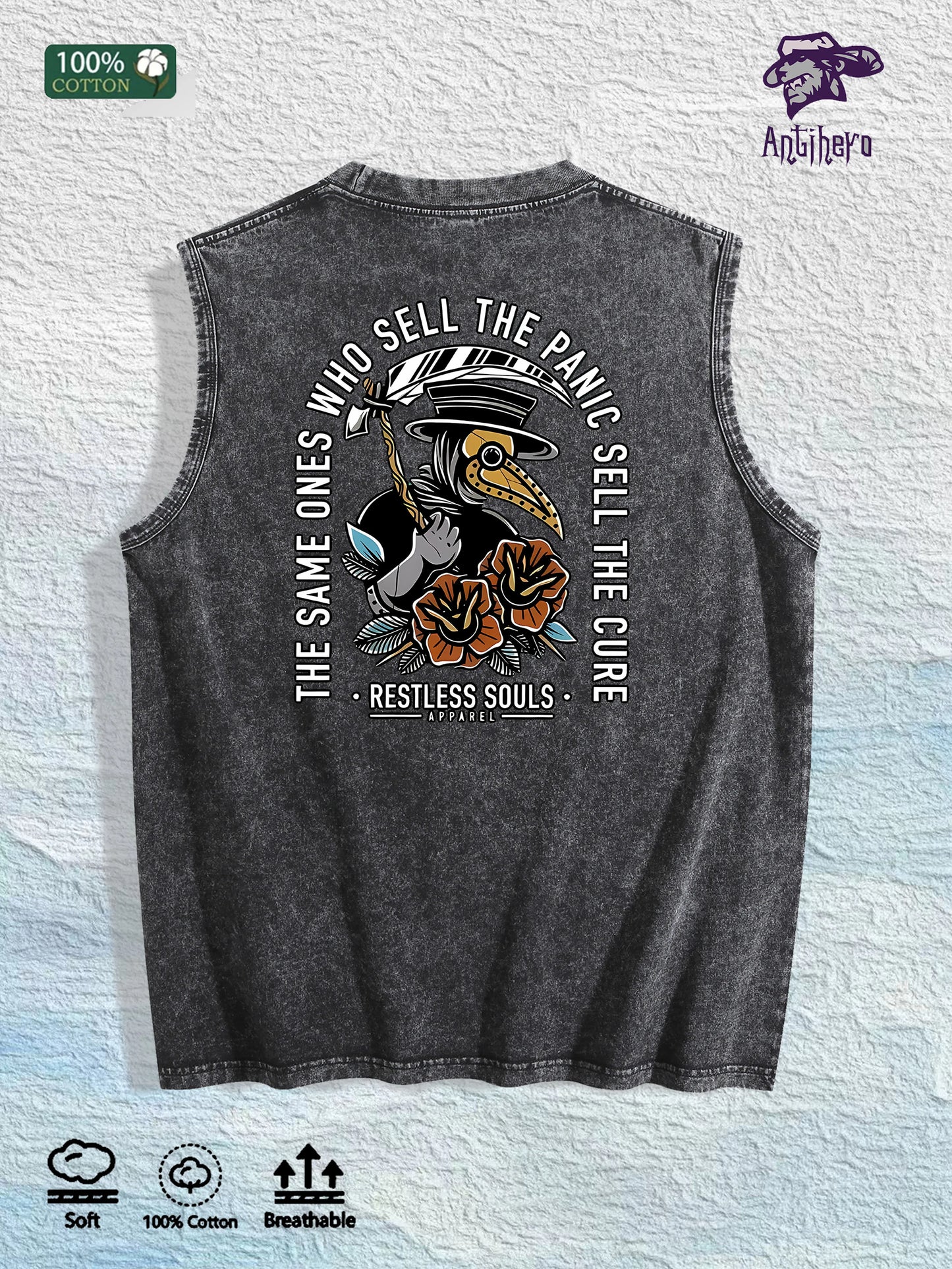 Restless Souls Graphic Washed Vest US Warehouse 3 Colors Cotton Tank