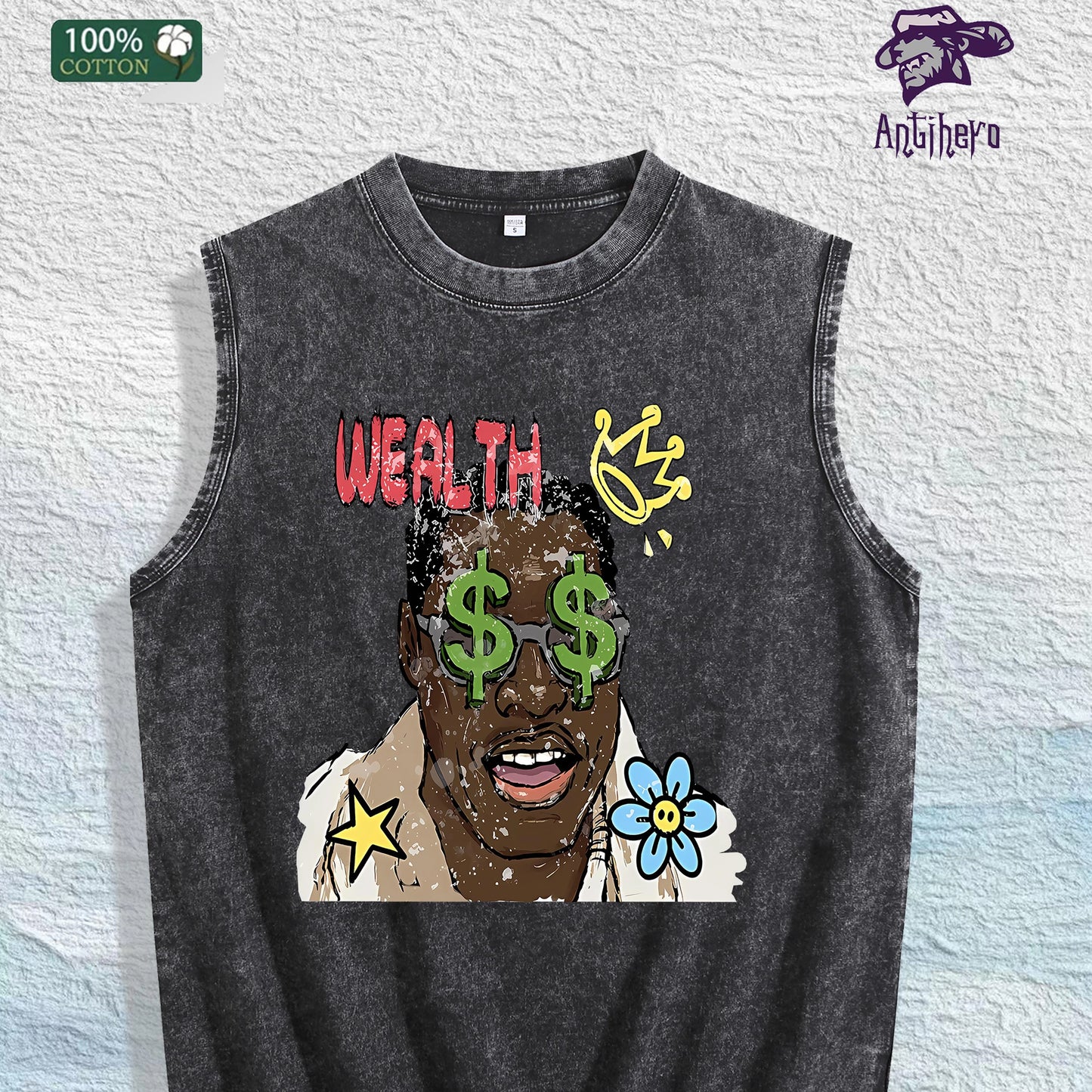 WEALTH Graphic Washed Vest US Warehouse 3 Colors Cotton Tank