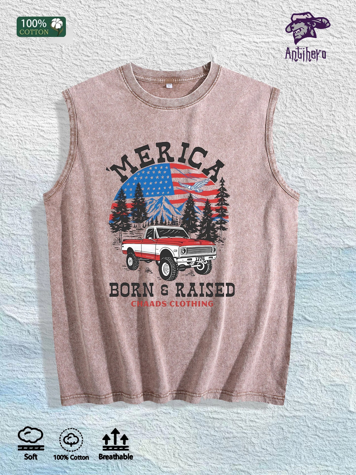 MERICA Truck Graphic Washed Vest US Warehouse 3 Colors Cotton Tank