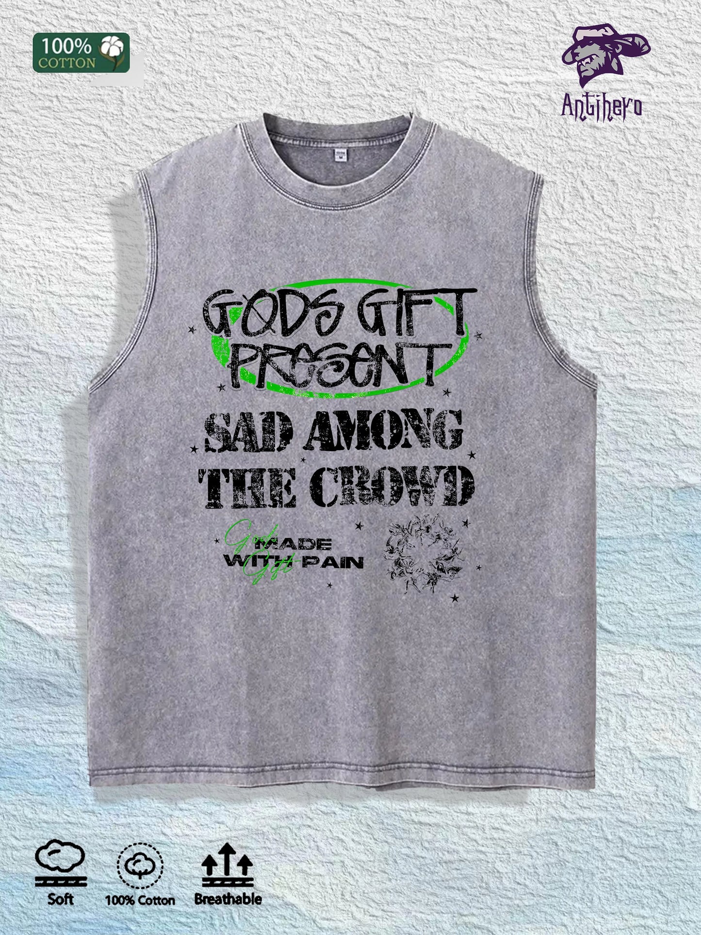 GODS GIFT PRESENT  Graphic Washed Vest US Warehouse 3 Colors Cotton Tank