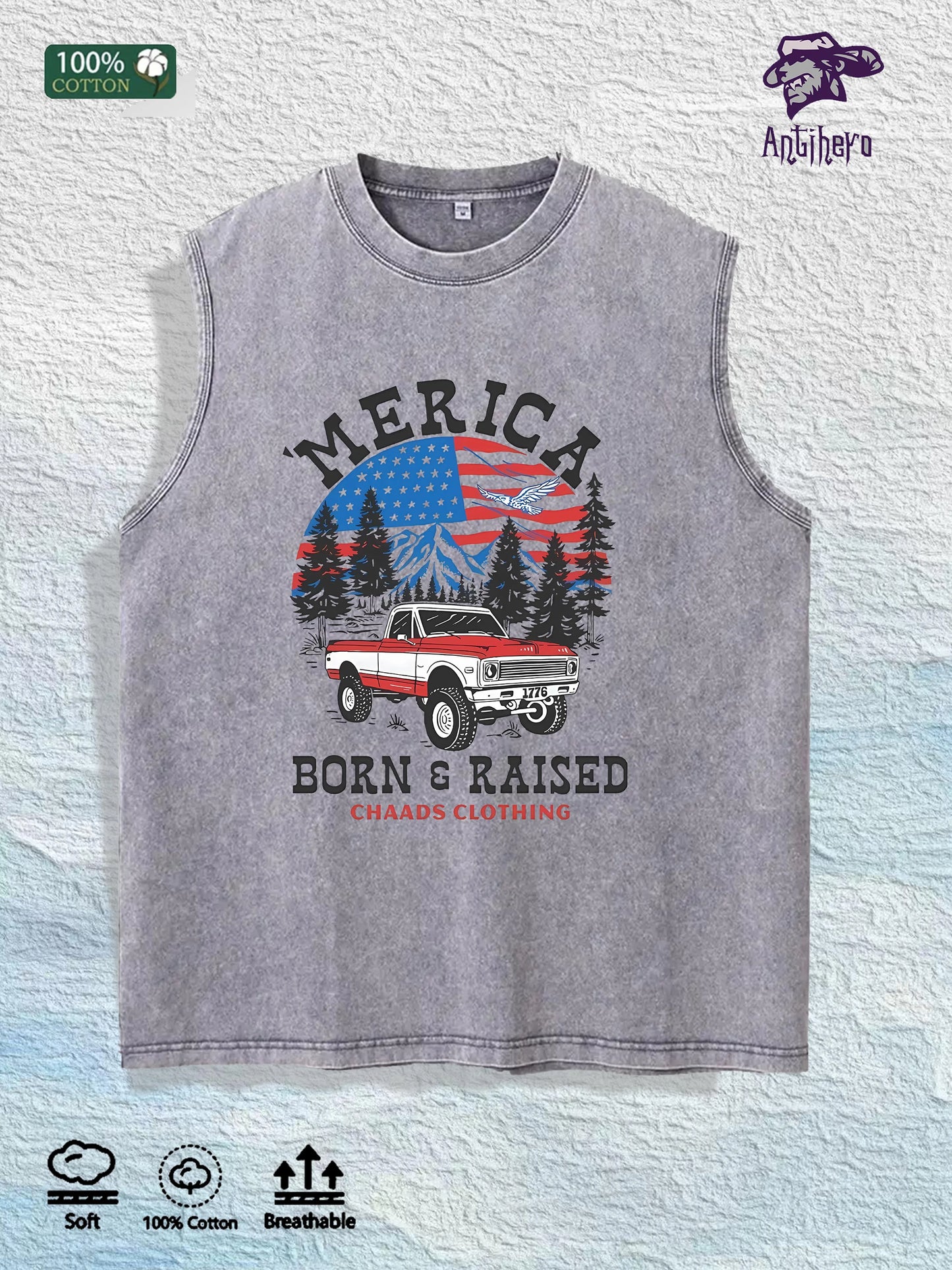 MERICA Truck Graphic Washed Vest US Warehouse 3 Colors Cotton Tank