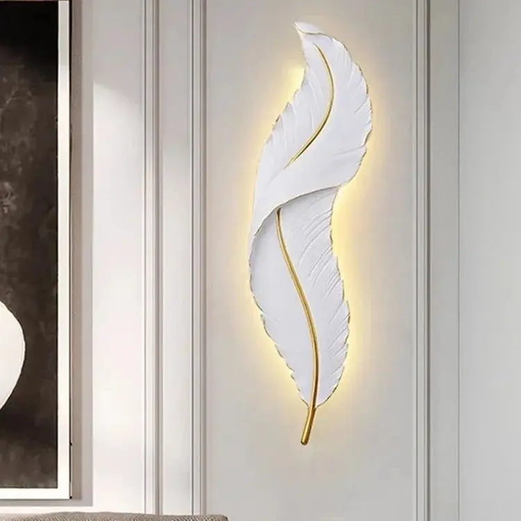 Modern Minimalist LED Luxury Feather Fine Carved Pattern Framed Hanging Channel Decoration Wall Lamps for Bedroom Walls