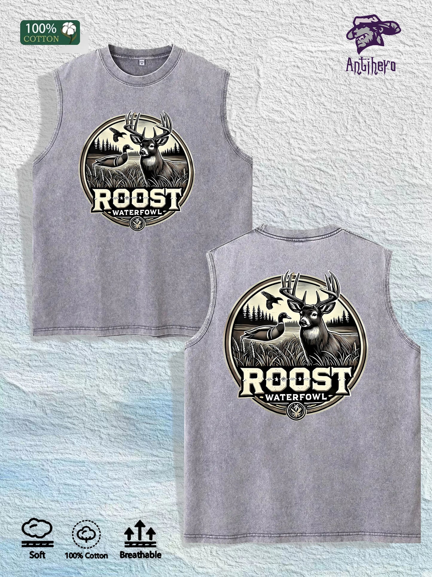 ROOST Waterfowl Deer Graphic Washed Vest US Warehouse 3 Colors Cotton Tank