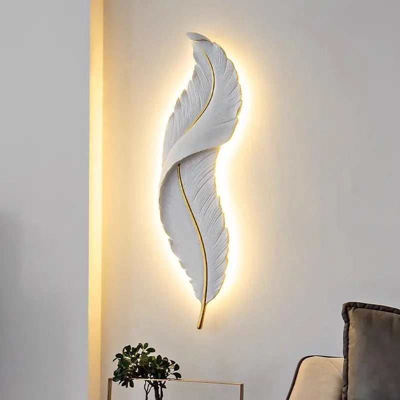 Modern Minimalist LED Luxury Feather Fine Carved Pattern Framed Hanging Channel Decoration Wall Lamps for Bedroom Walls