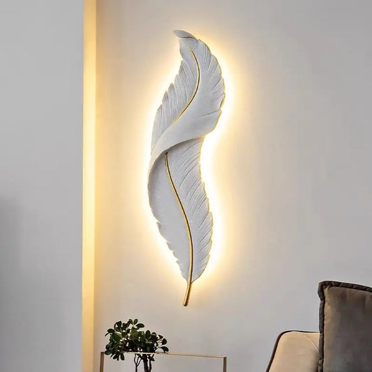 Modern Minimalist LED Luxury Feather Fine Carved Pattern Framed Hanging Channel Decoration Wall Lamps for Bedroom Walls