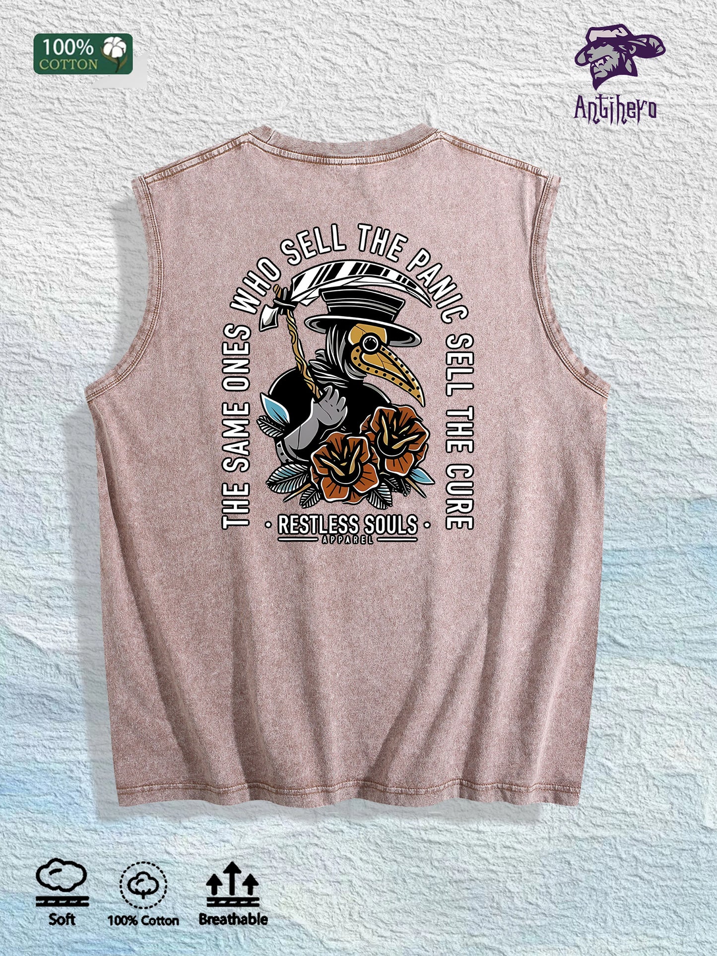 Restless Souls Graphic Washed Vest US Warehouse 3 Colors Cotton Tank